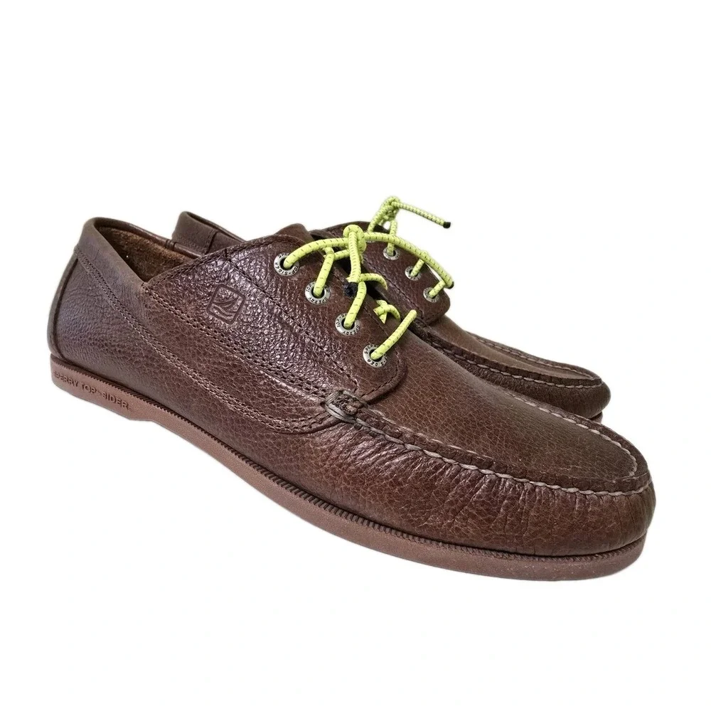 Sperry Mens Ranger Mocs Size‎ 12 Dark Brown Tumbled Leather Lime Green Laces